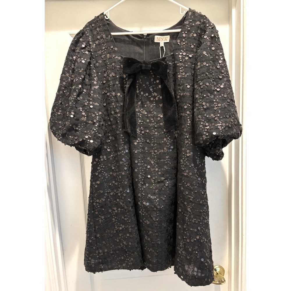 MNK Women's Black Sequin Puff Sleeve Mini Dress Velvet Bow XL NWT Party Cocktail